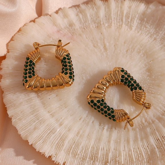 Green Zircon Chunky Square PVD 18K Gold Hoop Earrings Stainless Steel - Picture 5 of 8